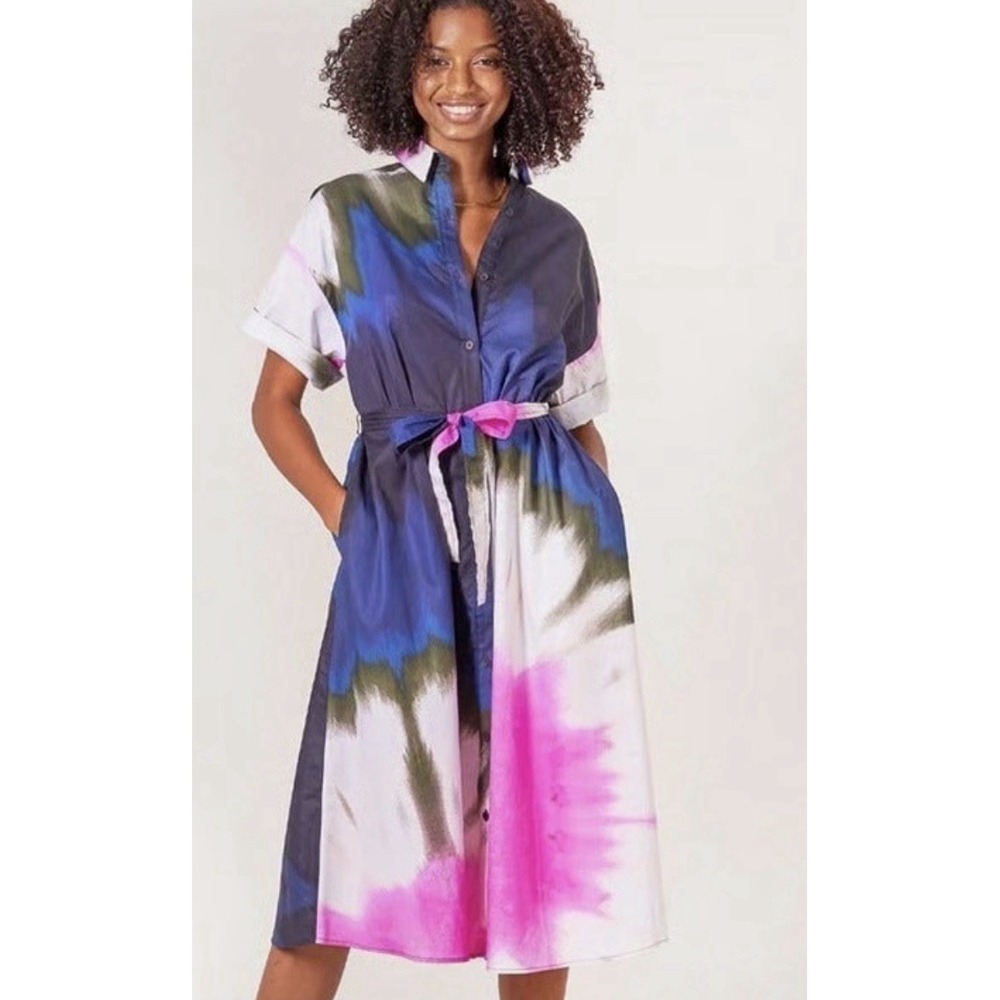 TUCKER NYC Sarah Shirt Dress Relaxed Cotton Women's 2X Ink Tie Dye Pima Cotton